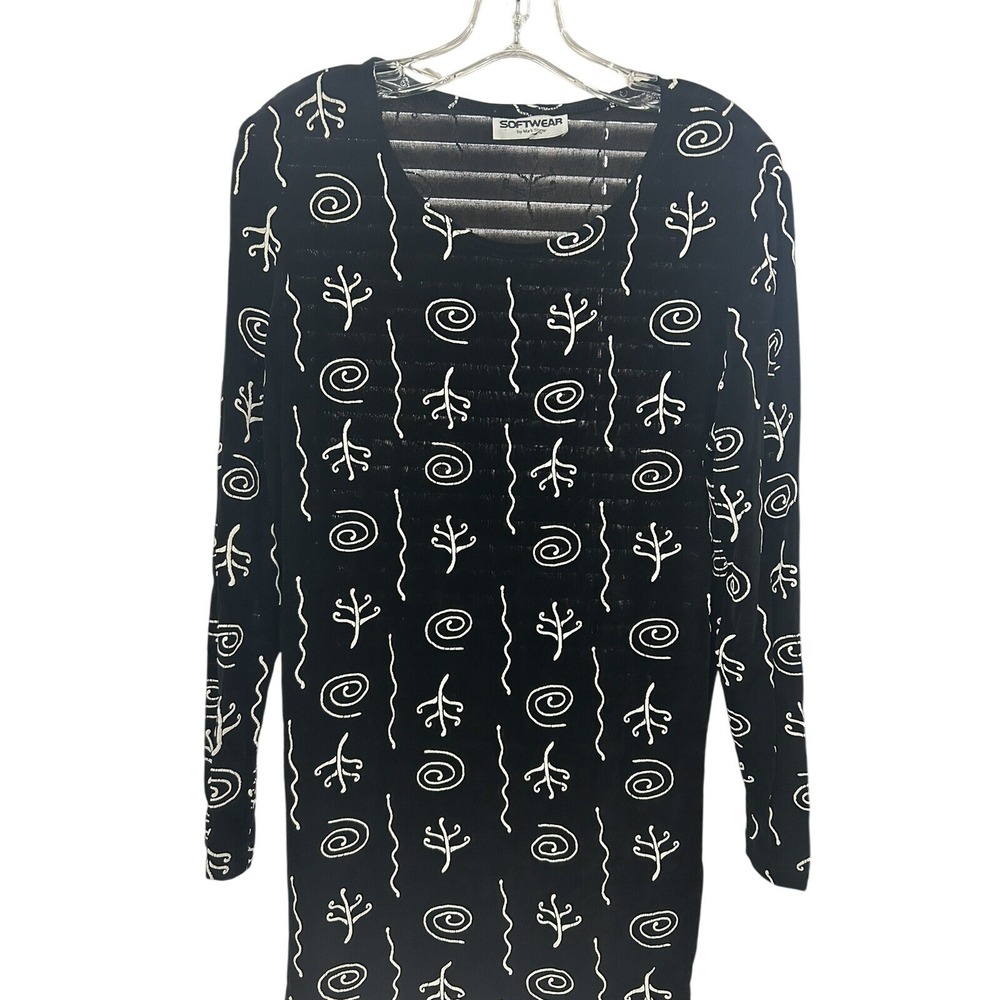 Softwear by Mark Singer Womens Black White Tribal Print Ribbed Tunic Top L/S